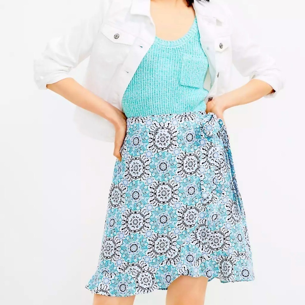 Loft Petite Medallion Ruffle Wrap Skirt Linen Blend Size 0
